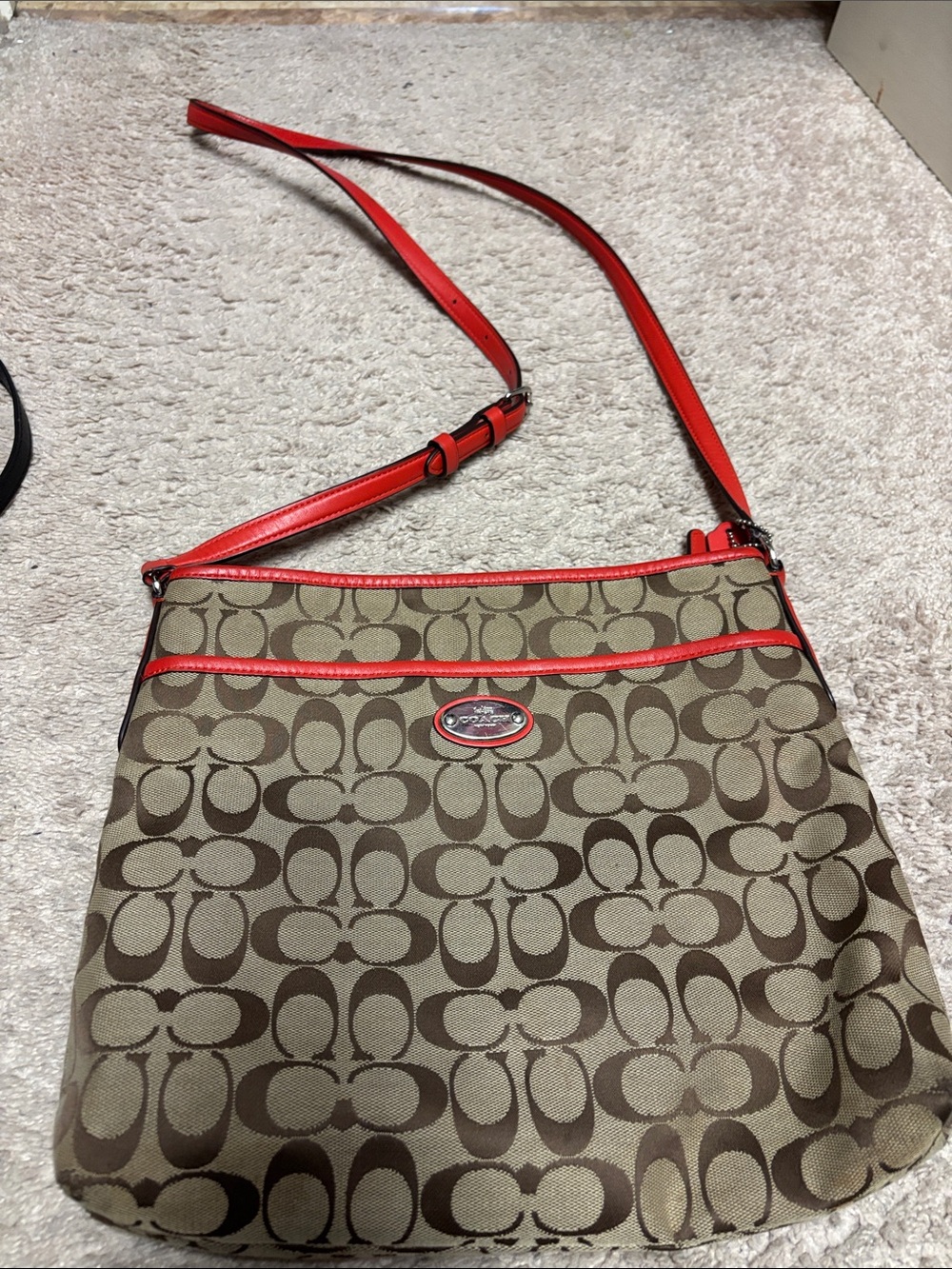 Coach Tan Signature Crossbody with Red Trim